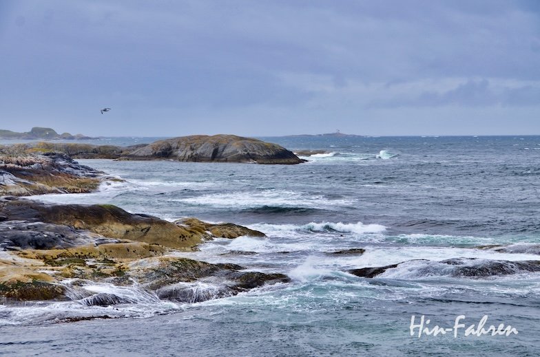 Eine felsige Küste, an der sich unter bewölktem Himmel die Wellen am Ufer brechen. Ein einzelner Vogel fliegt über dem Wasser in der Nähe entfernter Felsen und vermittelt die ruhige Schönheit einer Reise auf der Atlantikstraße mit dem Wohnmobil, umgeben von gedämpften Farben und sanftem Licht.