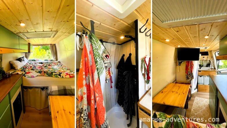 3 Fotos des Inneren eines Kastenwagens mit viel Holz