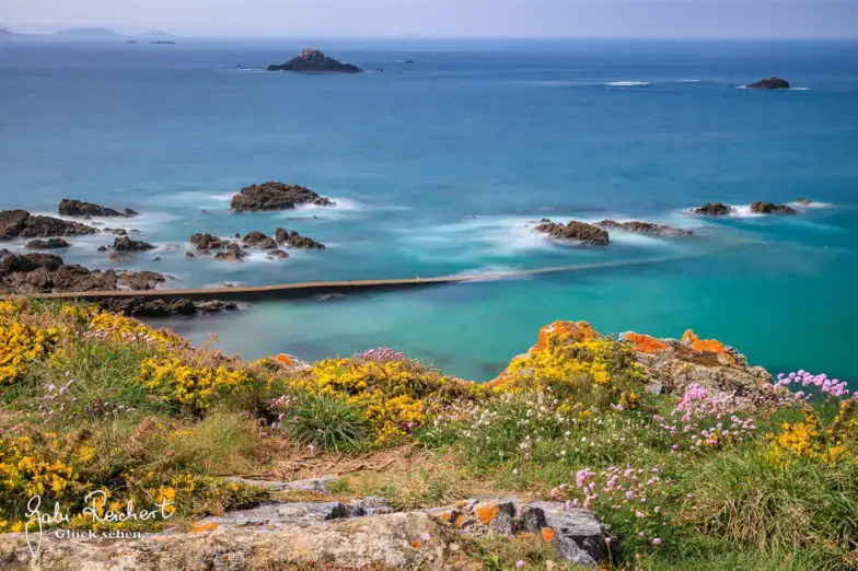 Eine malerische Küstenansicht mit türkisfarbenem Wasser, verstreuten Felseninseln und einem schmalen Pier. Im Vordergrund wachsen gelbe und rosafarbene Wildblumen auf grasbewachsenem, felsigem Terrain am Meer.
