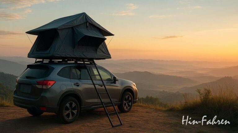 Ein Auto mit Dachzelt und Leiter, das auf einem Hügel geparkt ist, überblickt bei Sonnenaufgang die nebligen Berge. Der Himmel ist golden, und das Wort Hin-Fahren steht in der unteren rechten Ecke.