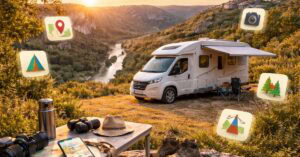 Ein Wohnmobil steht auf einer malerischen Hügelkuppe mit Blick auf einen Fluss bei Sonnenuntergang. Die Campingausrüstung liegt auf einem Tisch im Vordergrund, um den herum Reise- und Natursymbole mit Karten, Zelten und Fotos zu sehen sind.