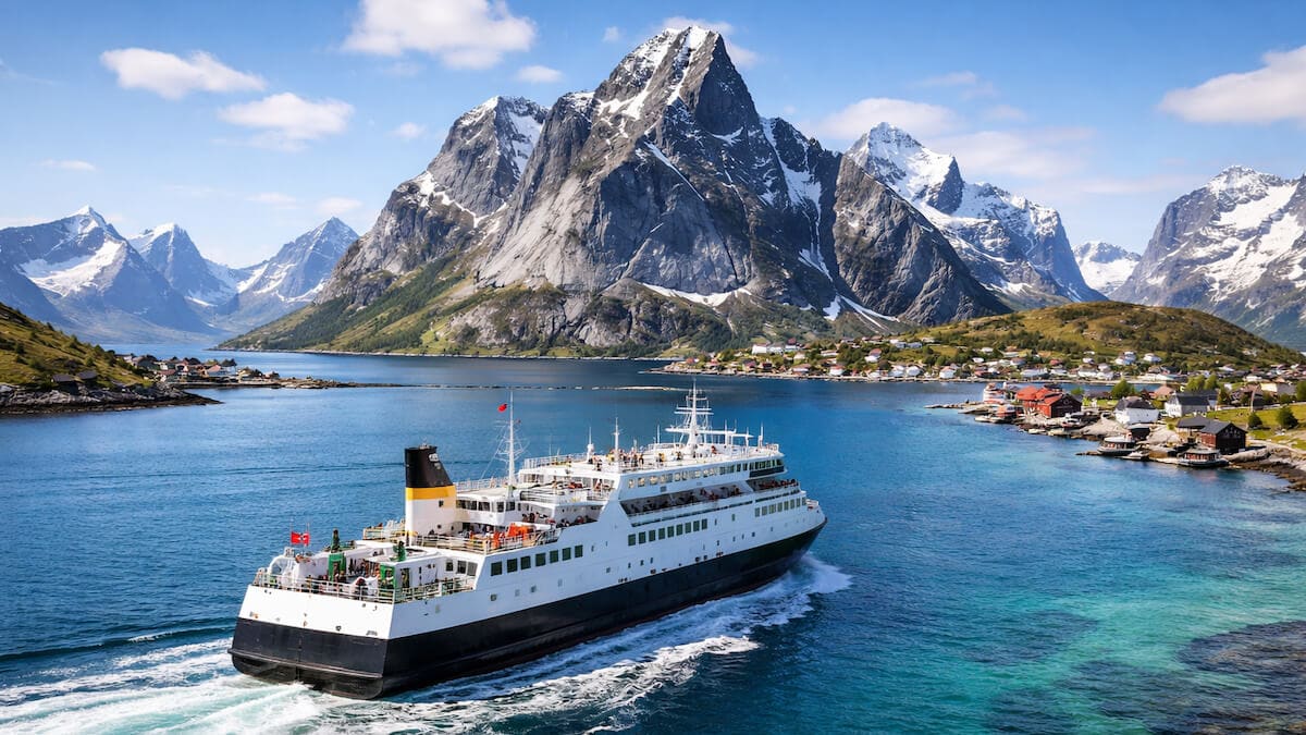Eine große weiße Fähre fährt durch klares, blaues Wasser in der Nähe eines Küstendorfs. Im Hintergrund erheben sich dramatische, schneebedeckte Berge unter einem hellen, sonnigen Himmel.