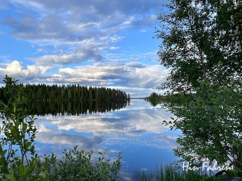 Eine Wasserfläche mit Bäumen und Wolken am Himmel