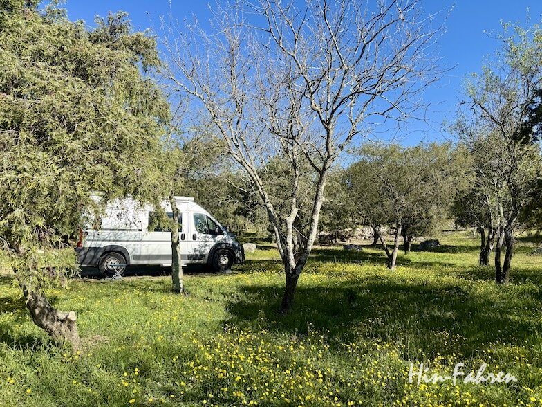 Ein weißes Wohnmobil parkt auf grünem Gras zwischen Bäumen und gelben Wildblumen unter dem klaren Himmel der Ardeche. Das Sonnenlicht wirft Schatten und schafft eine friedliche und natürliche Szene. Der Schriftzug Hbn Fotos steht in der unteren rechten Ecke.