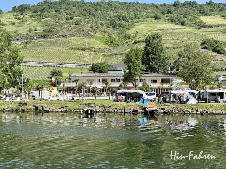 Ein Campingplatz an der Mosel, auf dem Zelte, Wohnmobile und Menschen auf der Wiese entspannen. Dahinter erheben sich grüne Hügel mit Weinbergen und Bäumen. Das Wasser vor ihnen spiegelt die lebhafte Szene unter einem sonnigen, klaren Himmel wider.